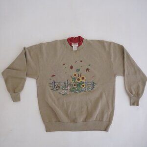 Vintage Morning Sun Tan Fall Graphic Sweatshirt Cabincore Sunflower Garden XL